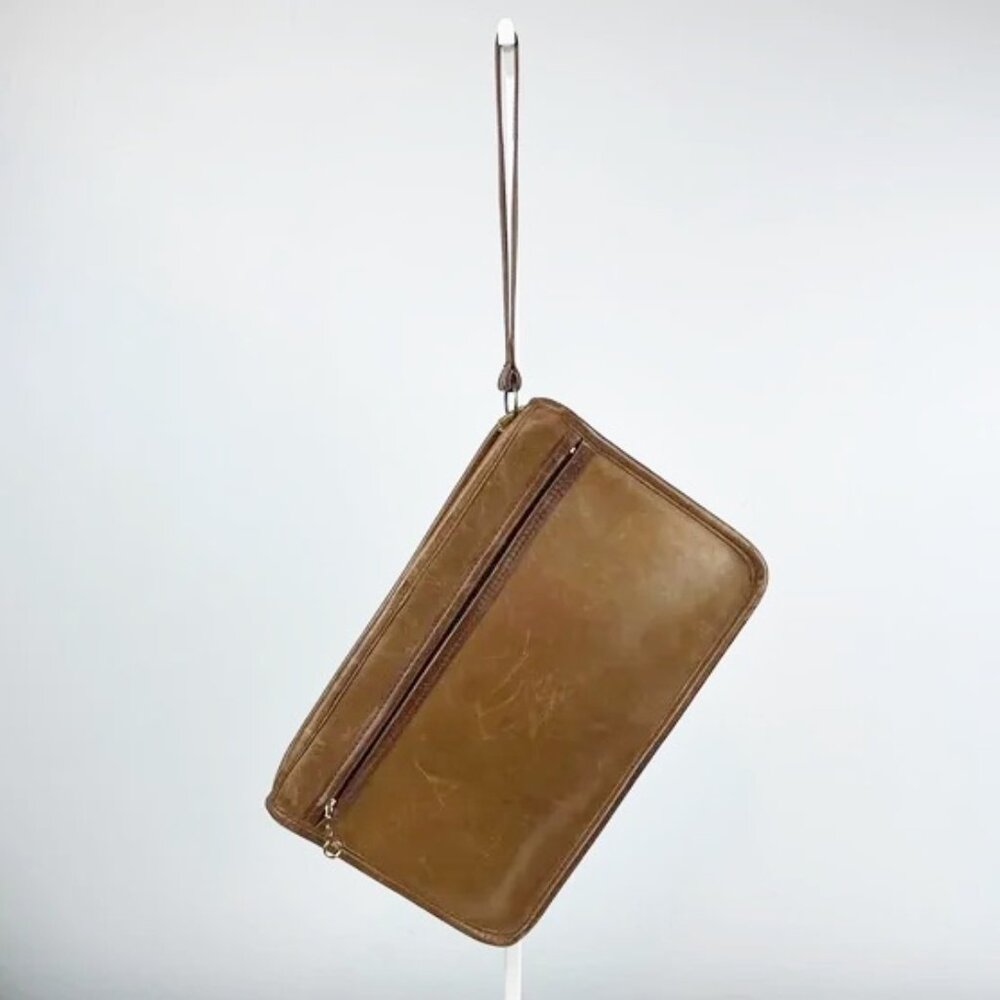 RARE Coach Original NYC USA Vintage Tan Leather Basic Zip Clutch Wristlet Bag
